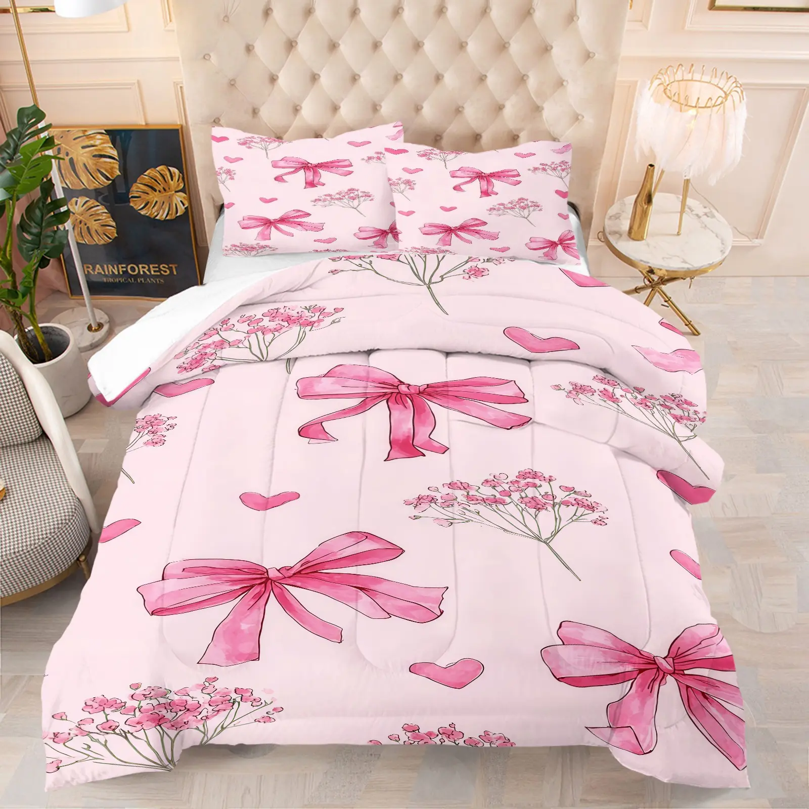 Bow print bedding set, including 1 quilt and 1 or 2 pillowcases without pillow inserts, soft children's or adult bedroom decorative gifts
