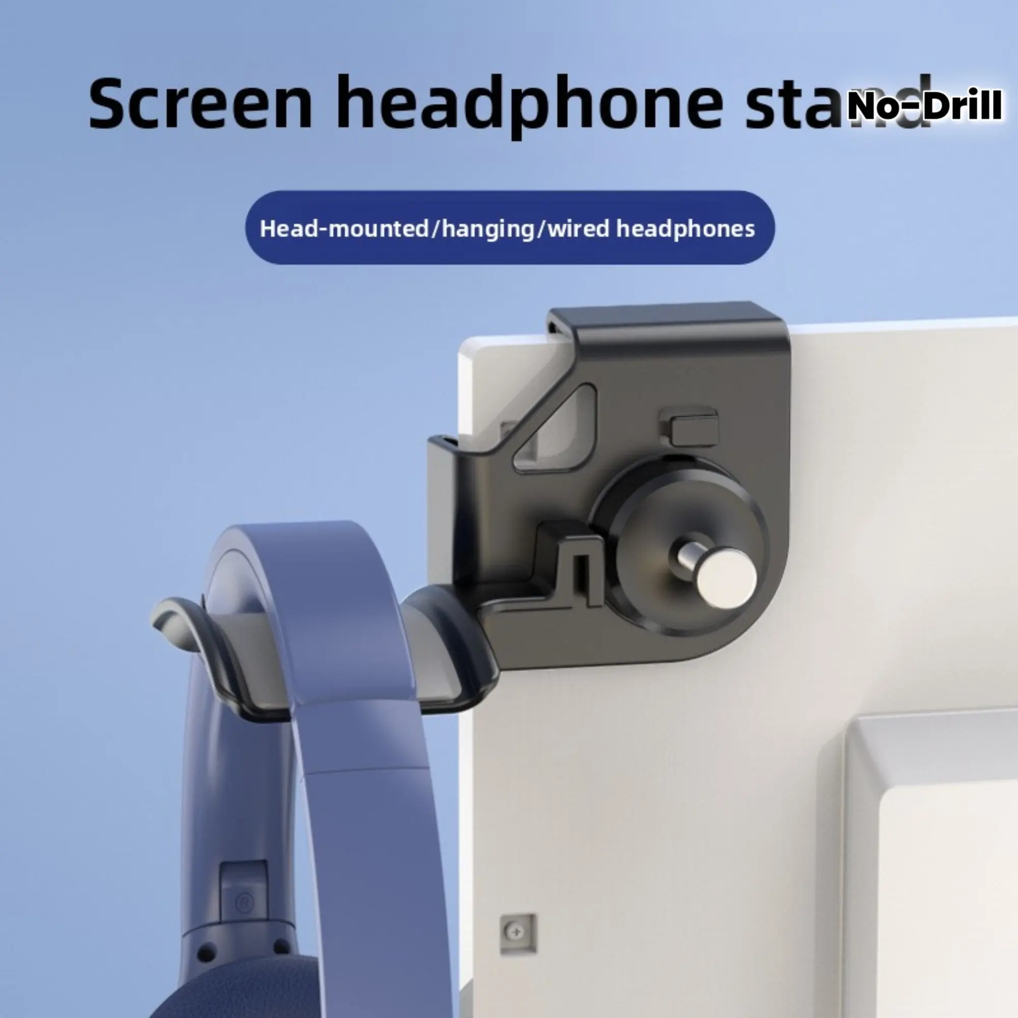 No-Drill Clip-On Headphone Stand Suitable for Gaming Headsets & Computer Screens - Wall/Monitor-Mounted Hook, Portable Polished Headphone Holder for Desk Organization, Compatible for Headphones (No Drill Installation)