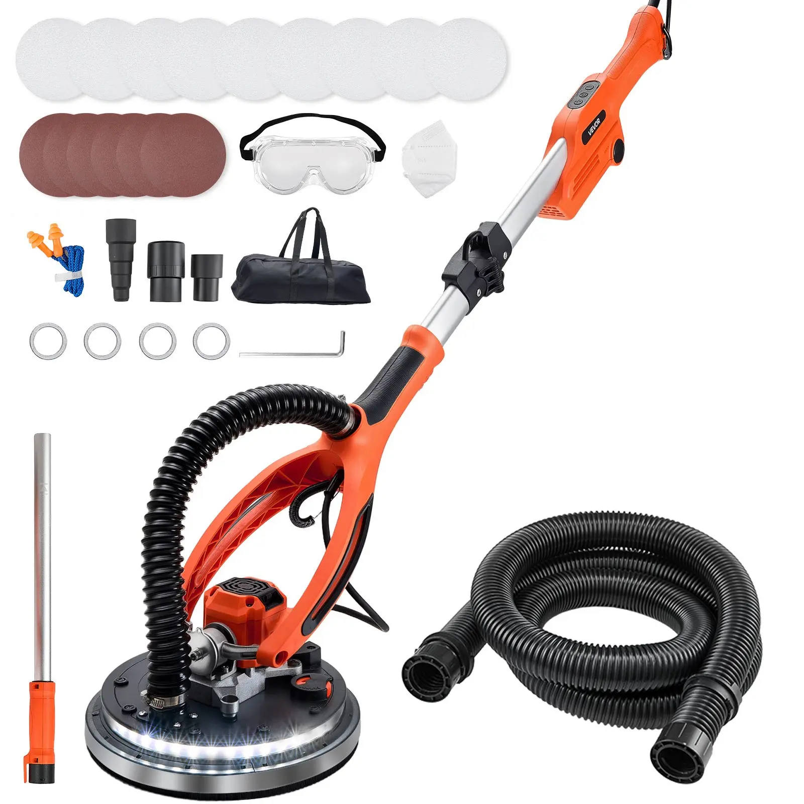 VEVOR 950W Electric Drywall Sander, Popcorn Ceiling Removal Tool with 7 Variable Speeds (1000-2300 RPM), Double-Deck LED Light, Foldable Extendable Handle, 15 Sanding Discs, Dust Hose