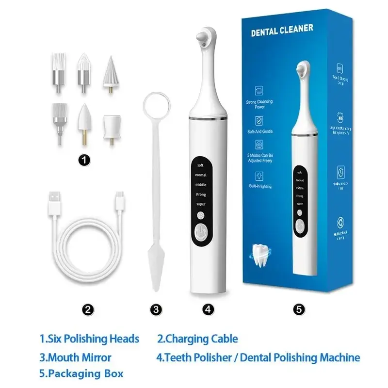 Electric toothbrush, plaque remover, calculus remover, rechargeable, wireless toothbrush, five-speed adjustment, 6 replaceable brush heads, LED light, multi-functional oral care tool, teeth cleaning device, Valentine's Day gift