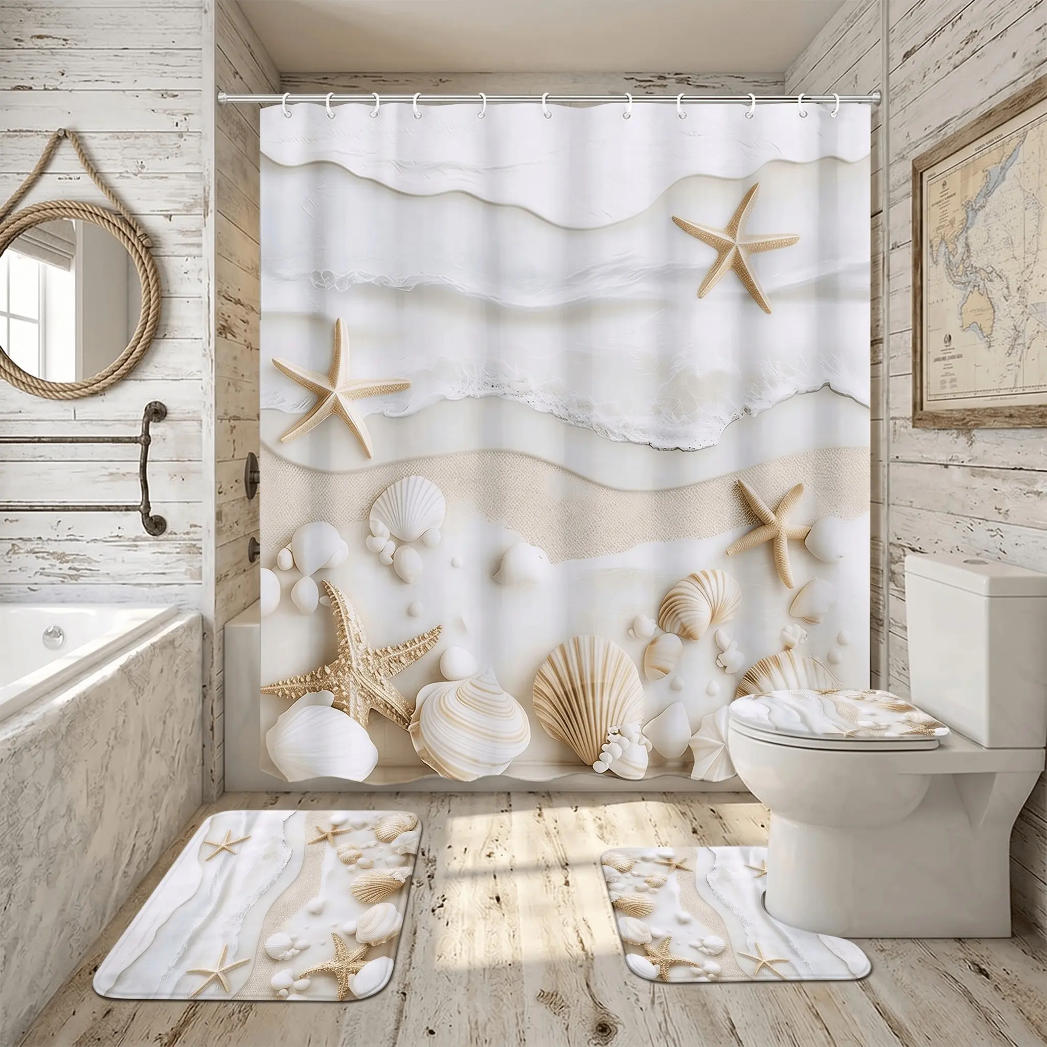 4pcs Coastal Beach Shells Starfish Shower Curtain Set, Sandy Shore Theme Bathroom Decor,The floor mat fabric is thicker and softer! Theme Bathroom Set Eco-Friendly Seaside Resort Decor Gifts