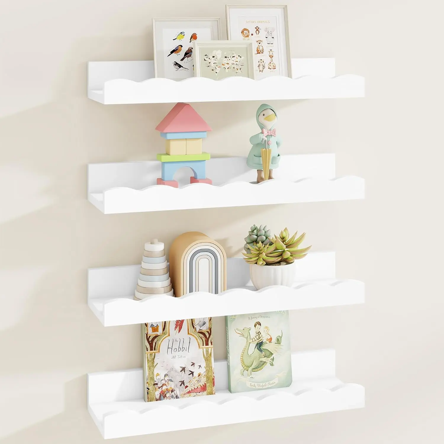 Picture Ledge Shelf for Wall, 16 inch Pine   Book Shelves Set of 4- Wall Book Shelves for  Room,  Decor - Kitchen -White
