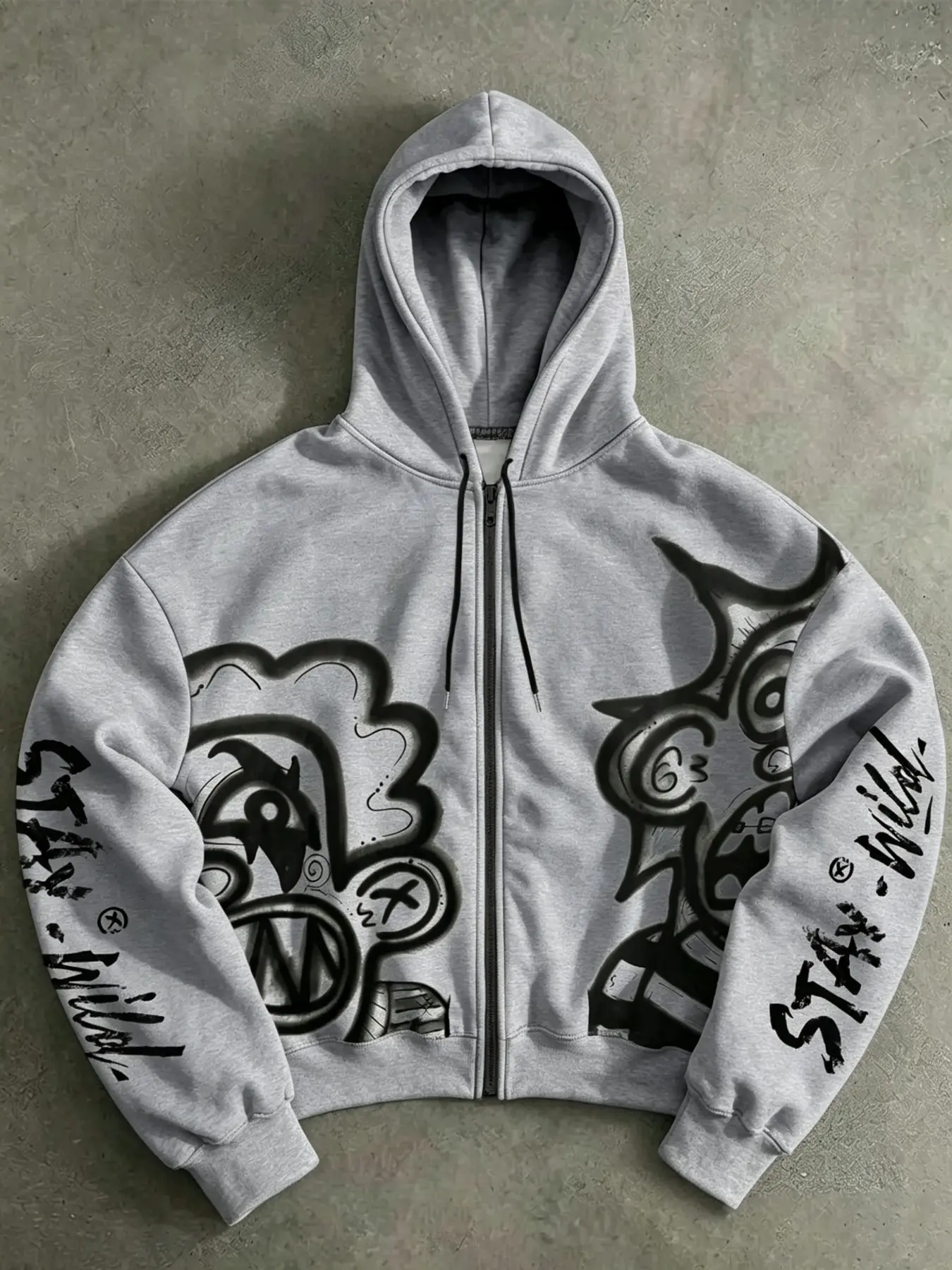 Y2K High Street Style Cartoon Graffiti Zip-Up Hoodie, Short Loose Fit Print Sweatshirt, Casual Spring & Fall Outerwear for Women