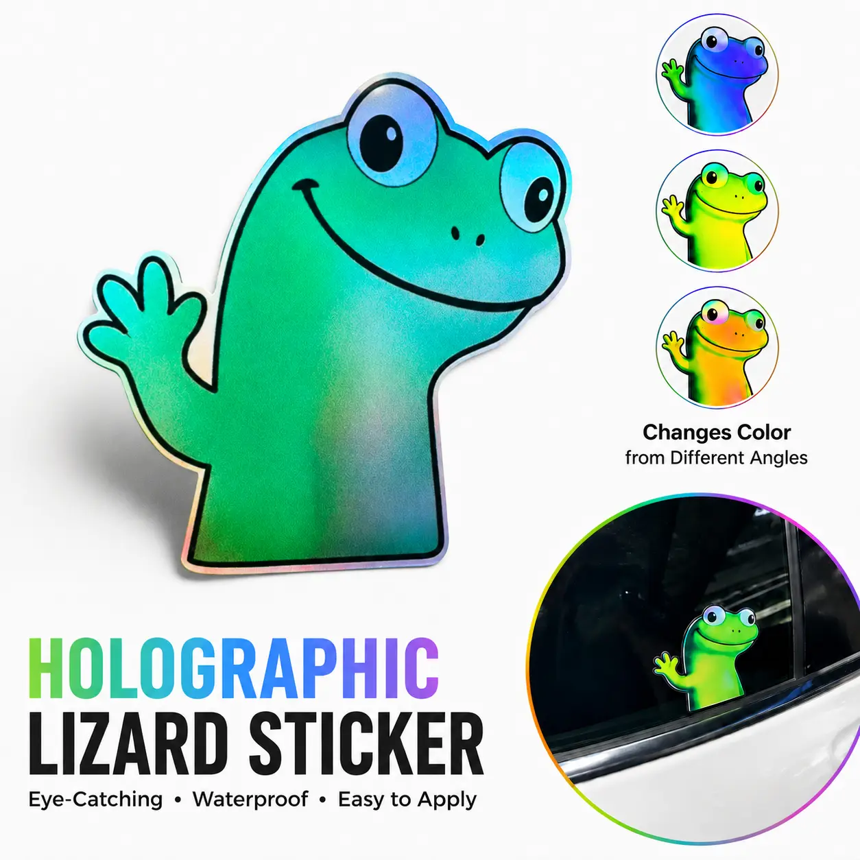Holographic Waving Lizard Car Sticker, Color Changing Waterproof Uv Resistant Vinyl Decal, Cute Cartoon Window Decor Sticker, For Car Laptop Water Bottle Skateboard Vehicle Accessories-YY0
