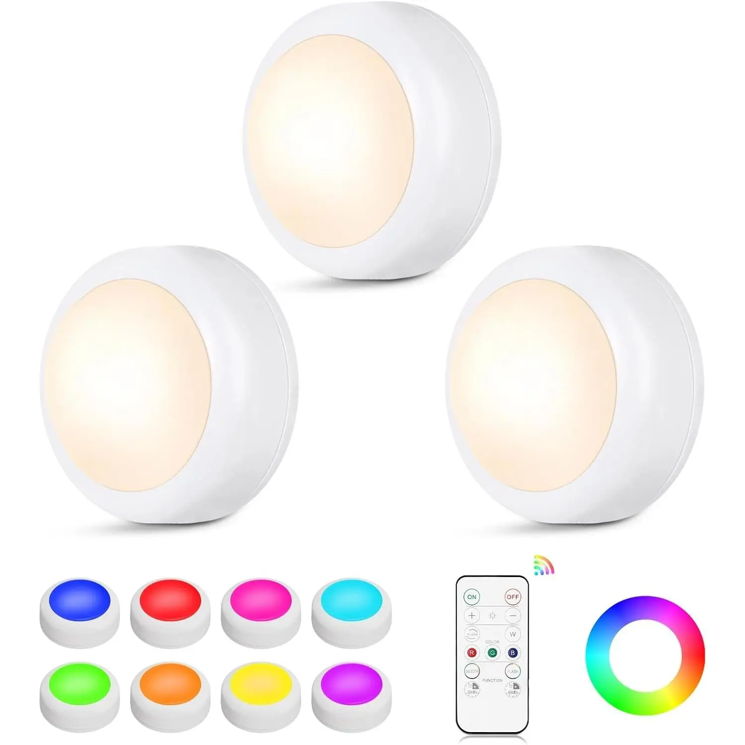 LED Puck Lights Lighting Pack (3 Pack White) - Puck Shape, Remote Control, 16 Color Changing, Dimmer & Timer, AAA Battery Operated Home Room & House Decor for Closet Kitchen