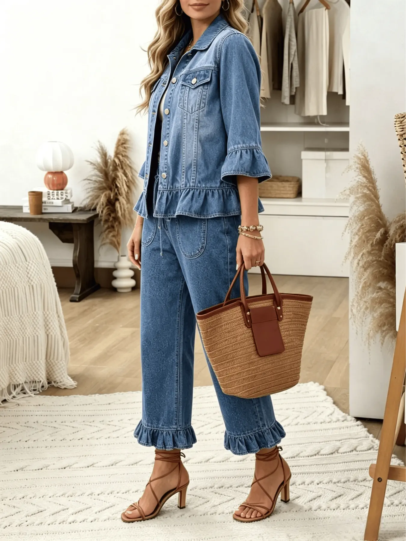 Ruffled Denim Two-Piece Set, Elegant Turn-Down Collar Three-Quarter Sleeve Jacket + Elastic Drawstring Waist Nine-Inch Wide Leg Pants