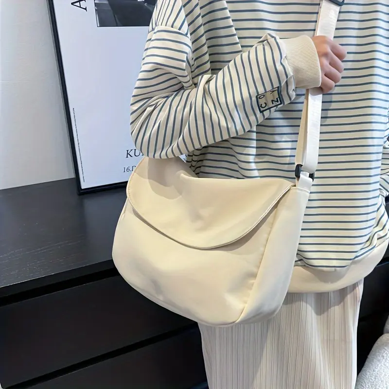 Minimalist Cream Nylon Crossbody Bag for Women, Lightweight Foldable Messenger Purse with Adjustable Strap, Large Capacity Casual Slouchy Shoulder Bag