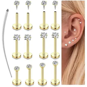 18G 16G Flat Back Earrings Studs for Women - Hypoallergenic Surgical Steel Internal Thread CZ Stud Earrings Stacks 14K Gold Plated Tragus Labret Helix Cartilage Conch Nose Stud Piercing Jewelry