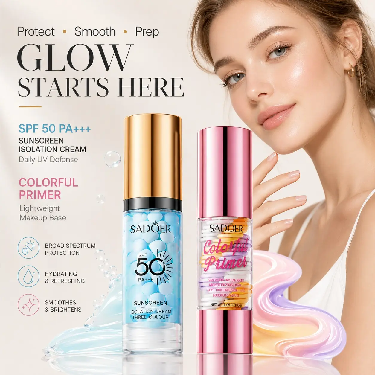 Three-In-One Sunscreen Primer SPF 50+ Pa+++ UV, Color Correcting Foundation, Oil Control, Moisturizing, Smooth, Invisible Pores, Even Skin Tone, Facial, Flawless, Spf for Face, Sunblock for Face