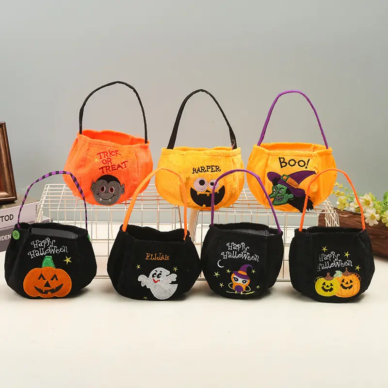 Halloween Trick or Treat Bucket for Kids, Viral Felt Pumpkin Candy Tote with Embroidered Ghost, Witch and Monster Designs, Reusable Plush Treat Bag with Flexible Handle for Toddler Halloween Party, Classroom, Holiday Gift