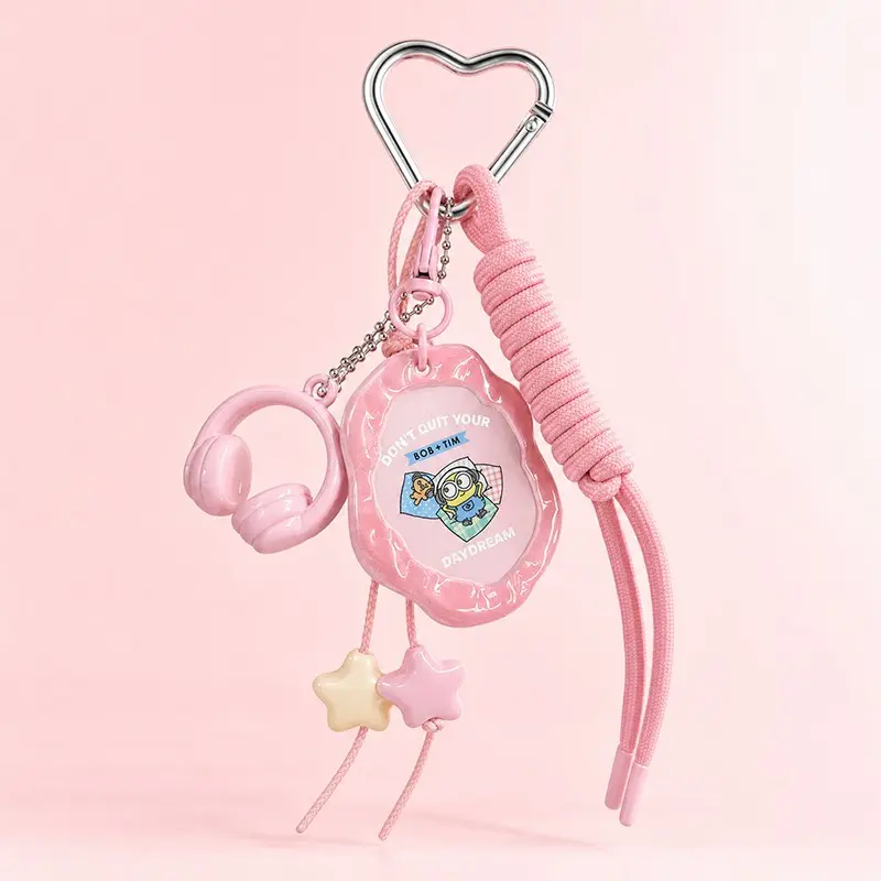 Minions Bob & Tim Tag Phone Lanyard Trendy Cute Keychain – Cute Kawaii Heart Carabiner Charm with Headphone Pendant & Star Dangles, Wrist Strap Bag Charm, Licensed Cartoon Accessory, Gift Keychain