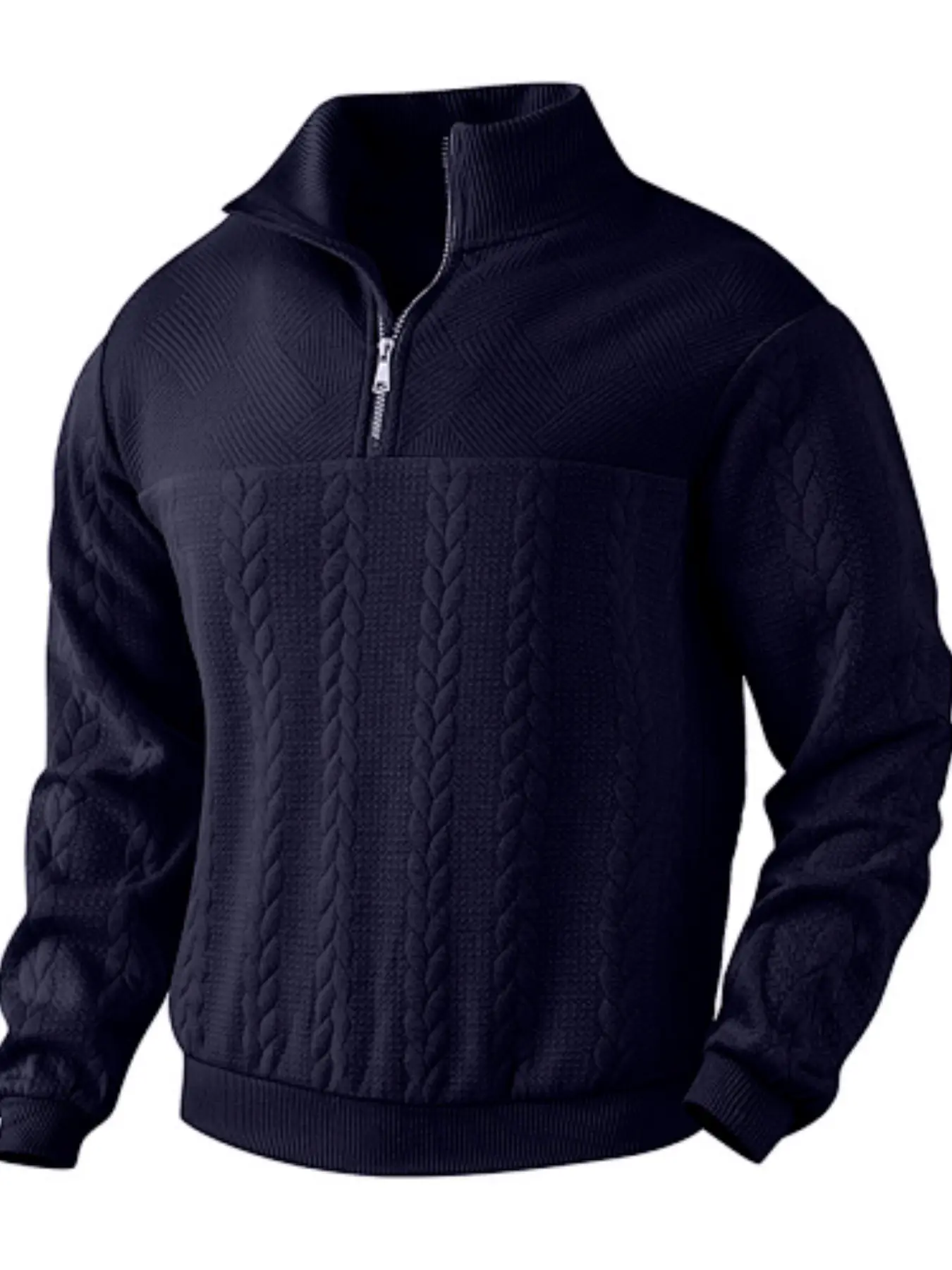 Men's Autumn Winter Mixed Textured Sweater Casual Grey Pullover Mock Neck Quarter Zip Sweaters Geometric Cable Knit Pattern Heavyweight Thermal Top Smart Casual Clothes Outfits For Men Fashion Knitwear