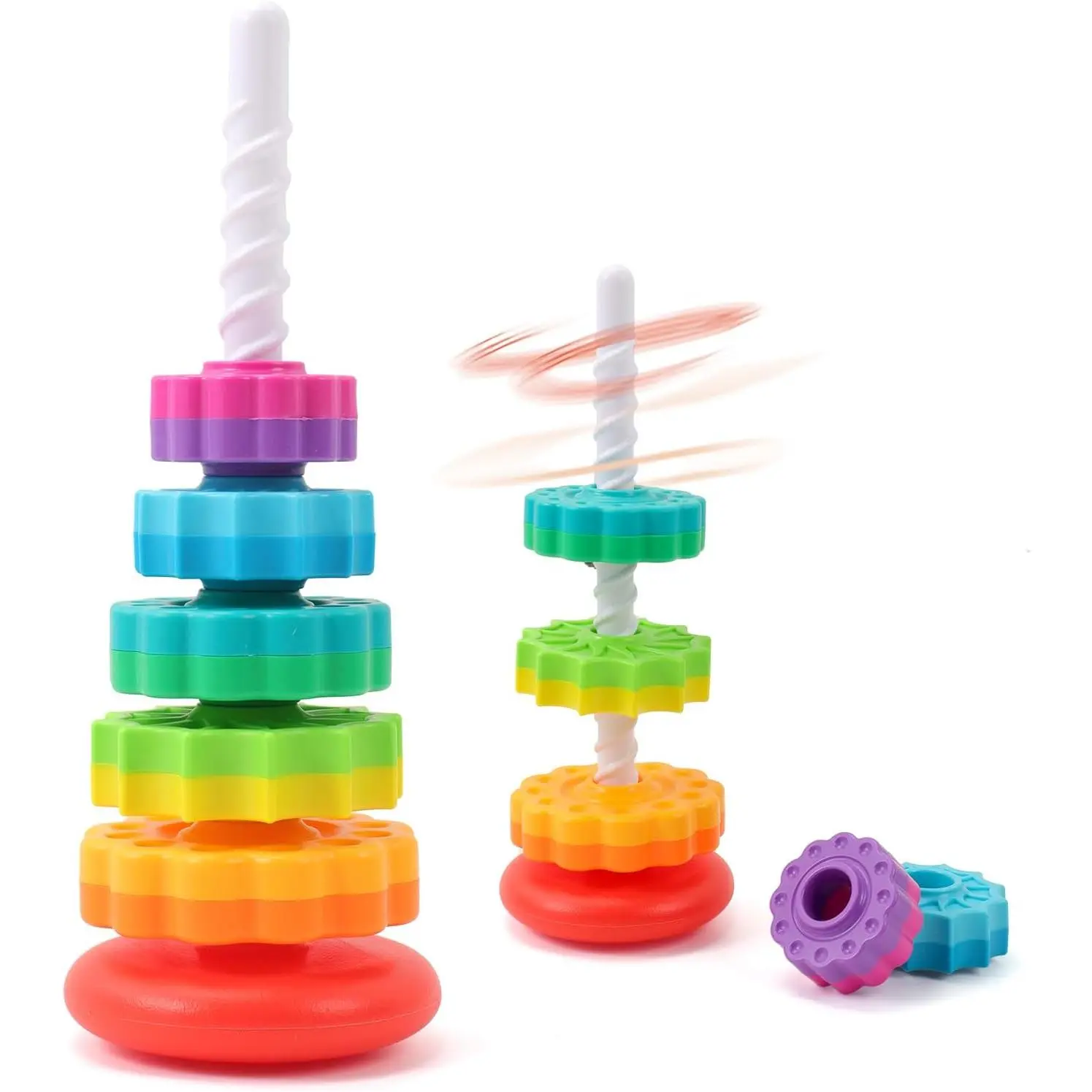 Baby Spinning Stacking Toys, 1-3 Rainbow Ring Stacker Montessori Toys  Babies, Sensory Toys  Toddlers, Christmas and Birthday Gifts Suitable  Boys and Girls (14 inches) travel educational