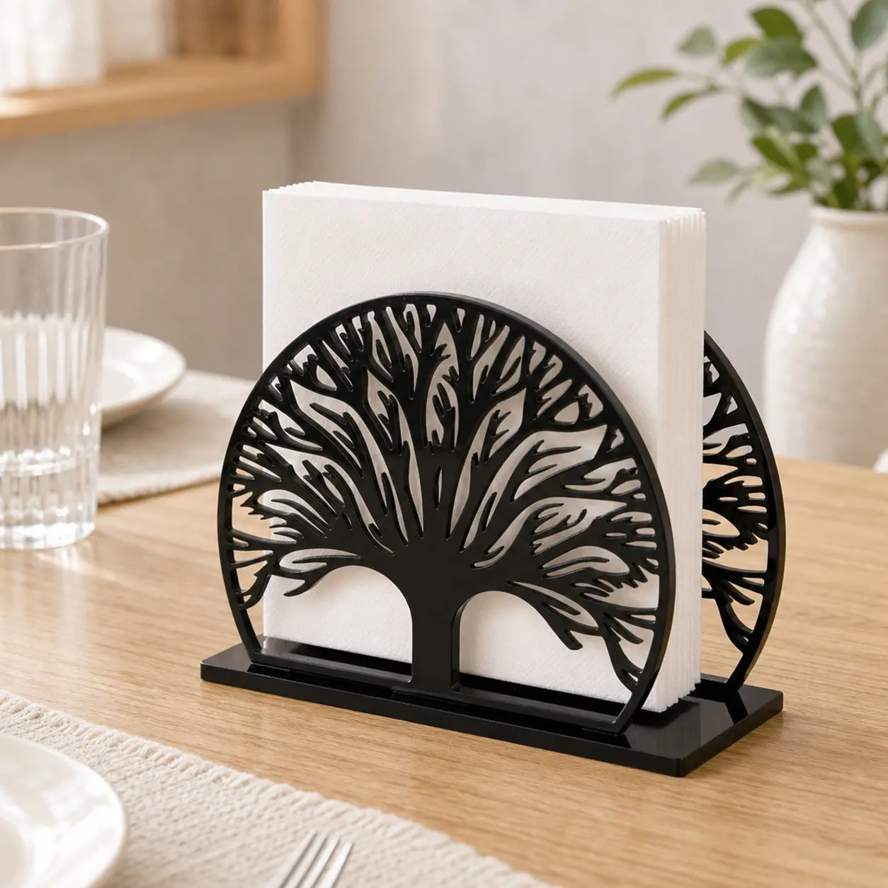 1pc Acrylic Paper Towel Holder, Creative Black Life Tree Shape Paper Towel Holder, Modern Decorative Napkin Holder for Restaurant Bar Cafe Kitchen, Freestanding Hollow Paper Towel Holder, Unique Home Decor Gifts