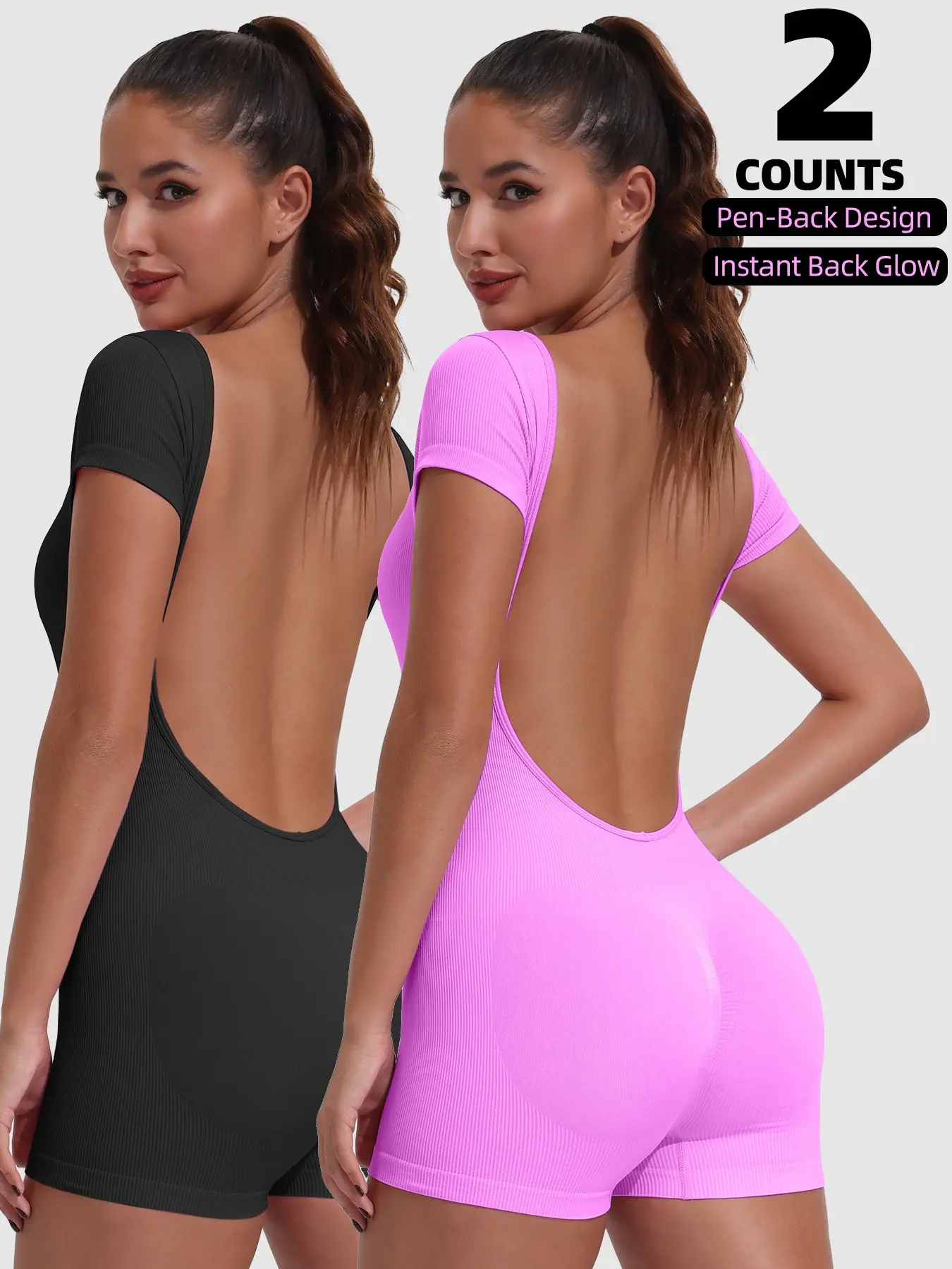 2 Pcs Women's Back Cutout Seamless Yoga Onesie Short Sleeve Workout Gym Short Tight Fitting Jumpsuit Sport Bodysuit Yoga Workout Jumpsuits Gym Clothing