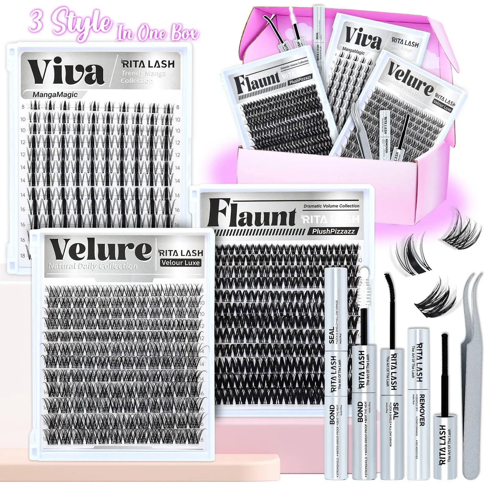 RITALASH 408Pcs Curl Cluster Lashes, DIY Eyelashes Clusters, Viva/Flaunt/Velure 8-18mm DIY Volume Cluster Eyelash Extensions Kit Popular & Must-Have Clusters with Lash Bond and Seal, Remover, Lash Tweezers