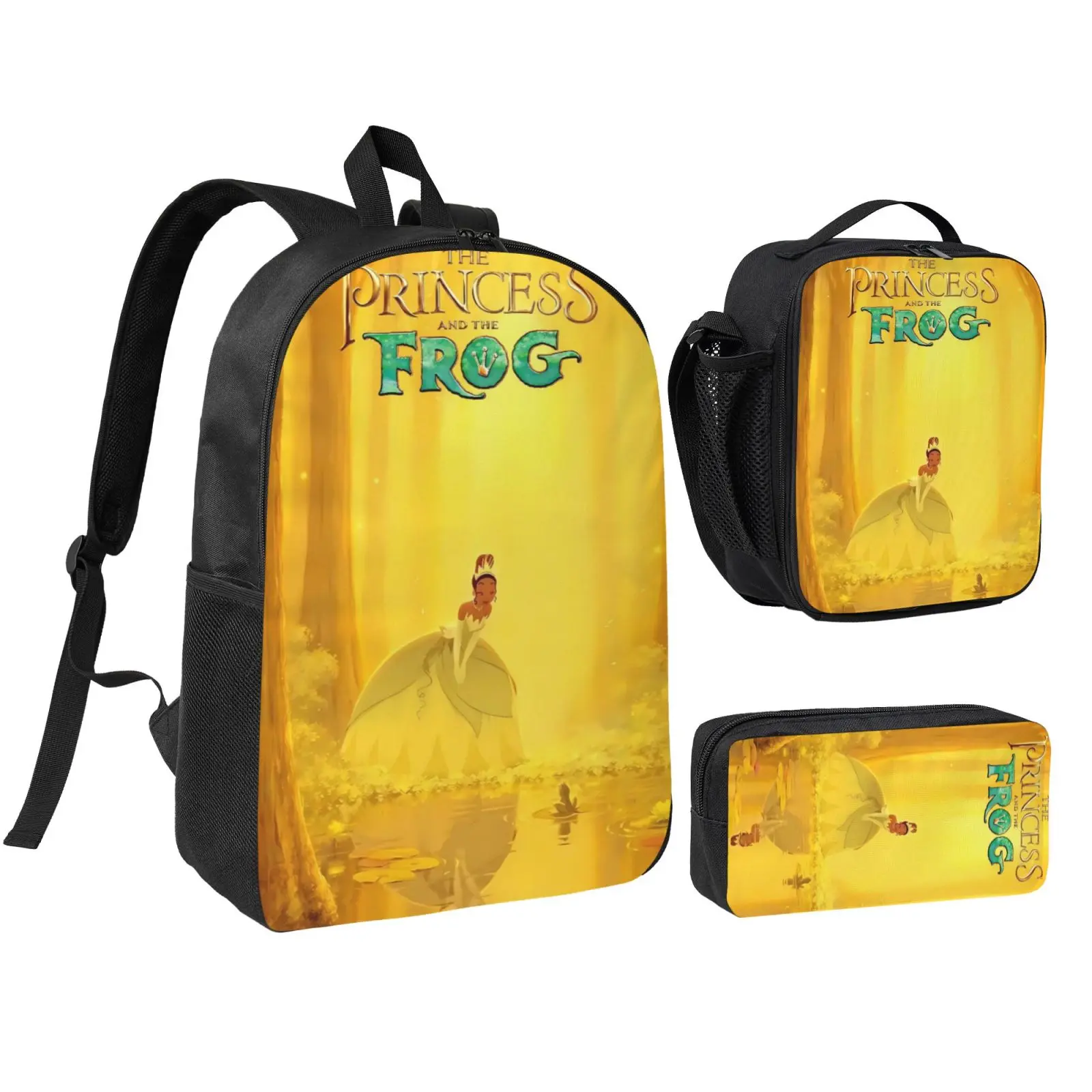 Unisex Princess And The Frog3 3Pcs Anime Backpack Set for Teen Boys Girls, Adjustable Strap School Bookbag with Insulated Lunch Bag & Pencil Case, Lightweight Daypack for School Travel Office