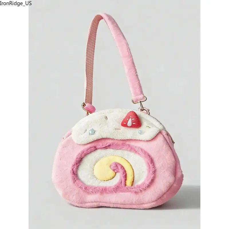 Women’s Plush Cake‑Roll Crossbody Shoulder Bag, Strawberry‑Frosting Gradient‑Heart Shape Purse, Cute Soft Fashion Accessory for Streetwear, Dating, Party & Back‑To‑School Daily Outfits