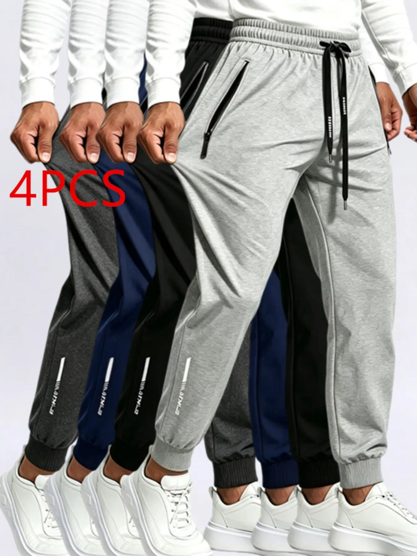 Men's All-Season Sport Pants, Elastic Waist Drawstring Joggers, Zip Pocket Running Trousers, Casual Gym Wear, Plain Design