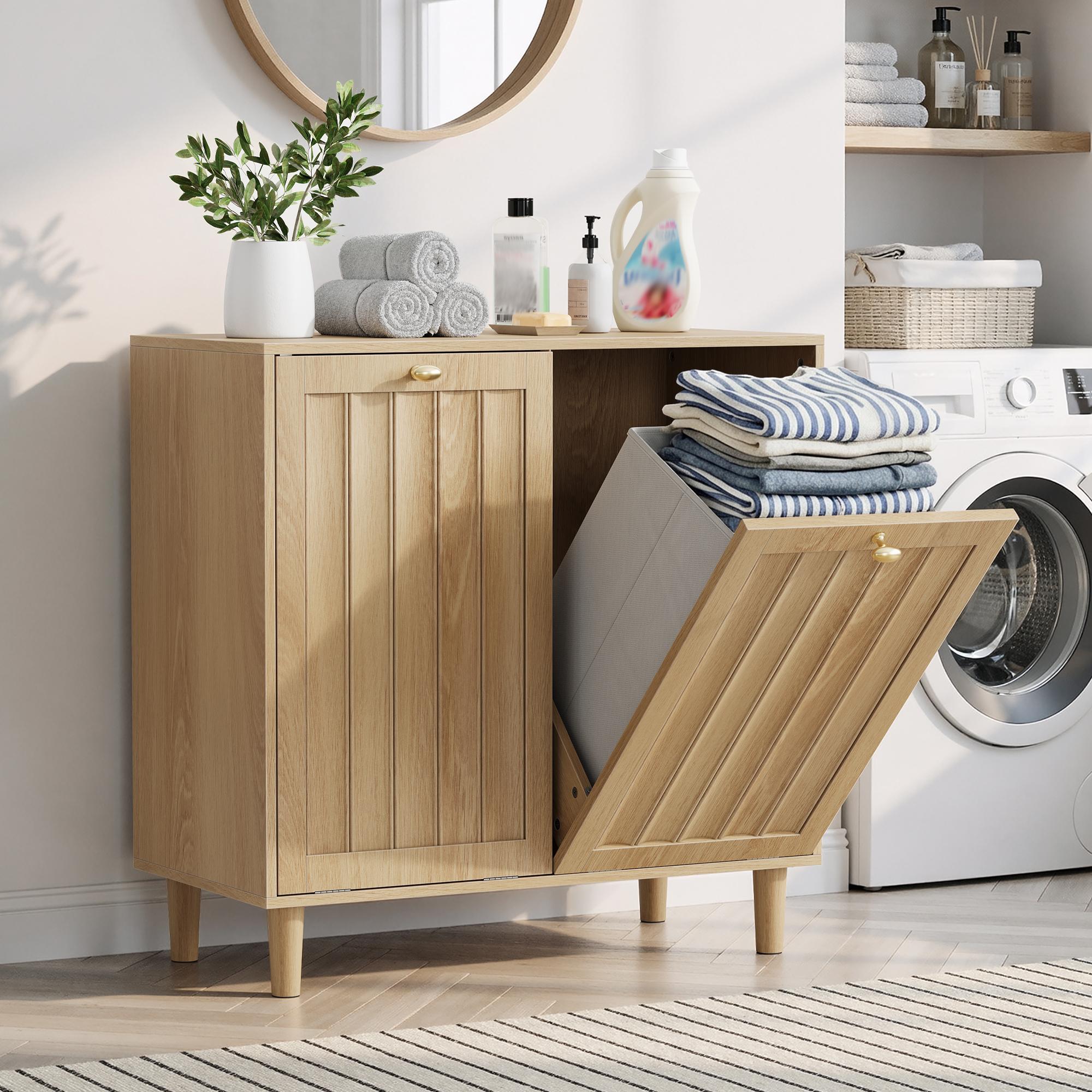 Sloping laundry basket with removable inner basket, concealed laundry basket, bathroom laundry storage cabinet, freestanding household storage rack, oak color