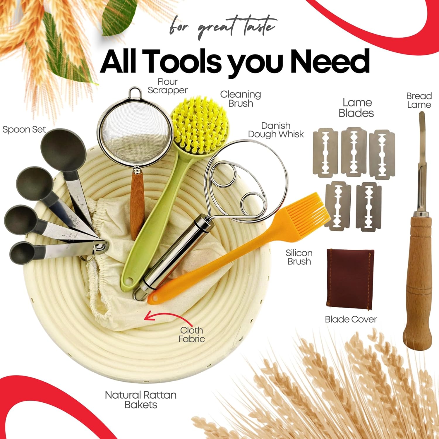 SUNDAY MIRTH Sourdough Starter Kit, Bread Baking Supplies with 9" Round & 10" Oval Banneton Proofing Baskets, Glass Starter Jar, Measuring Cup, Whisks, Scrapers & Lame.Complete Baking  for Beginners