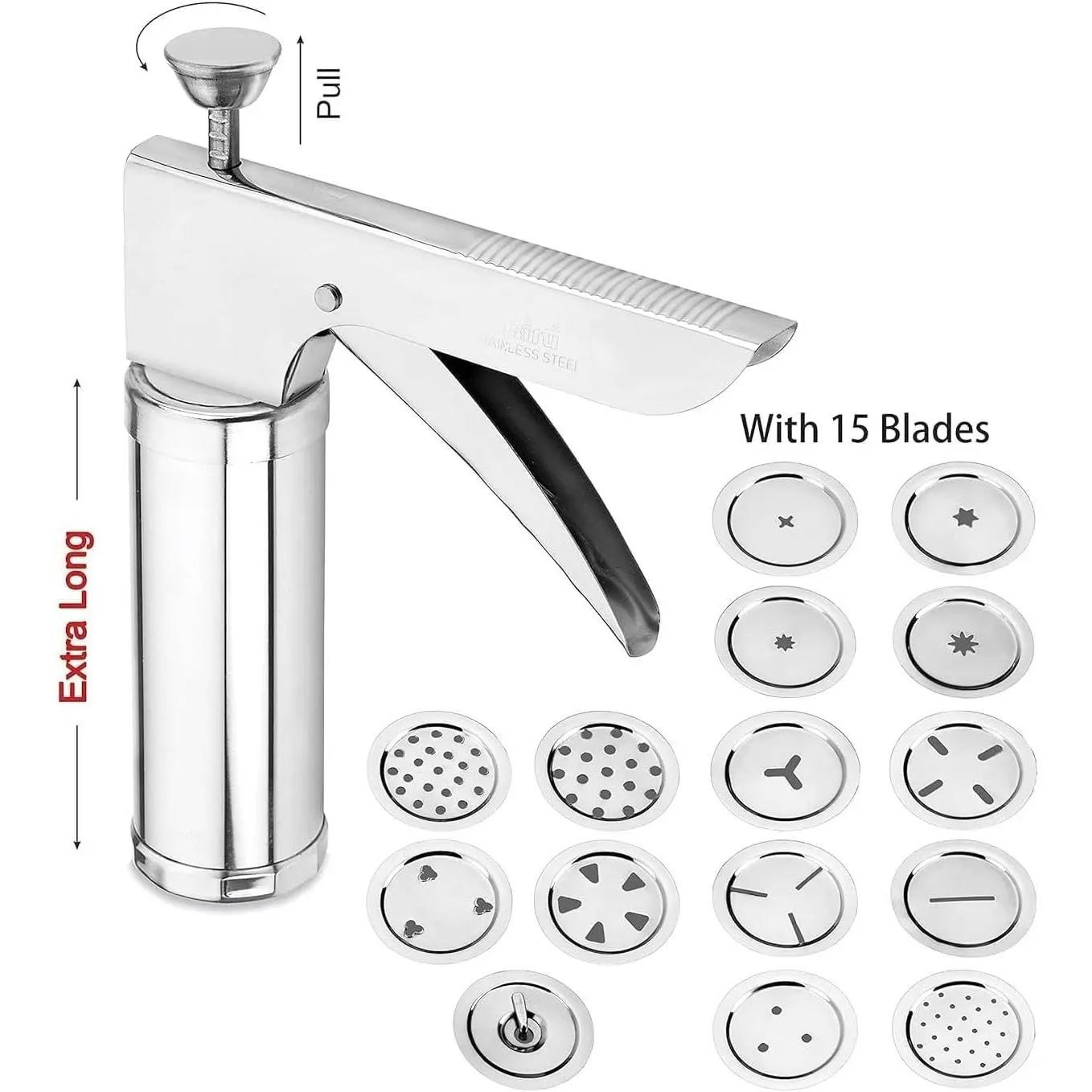 15 in 1 Stainless Steel Heavy Duty Kitchen Press Cookie & Snack Maker with Multiple Jali Discs for Murukku, Sev, Chakli, Namkeen & Gathiya