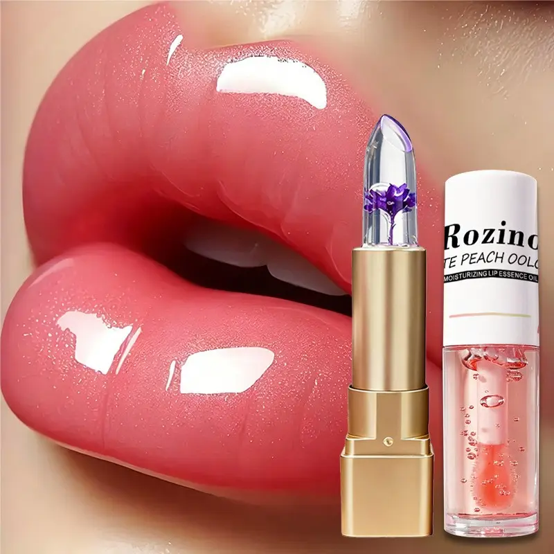 Lip Oil Set, Long-Lasting Non-Sticky Lipstick, Transparent Jelly Lip Gloss, Flower Lip Gloss, Color-Changing Glitter Lip Gloss, Ice Gel Lip Balm, Hydrating Glassy Lip