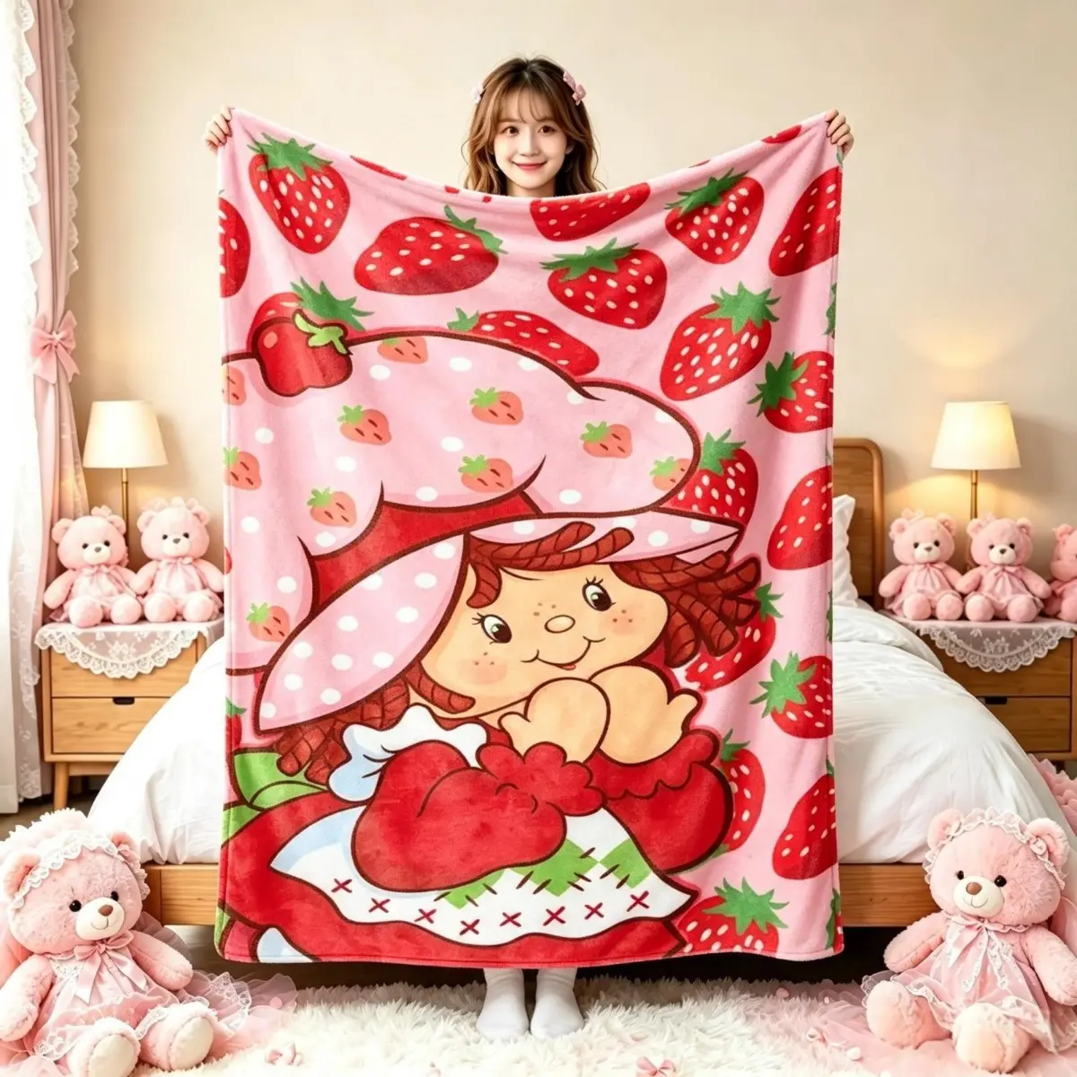 Strawberry Shortcake Retro Pink Strawberry Flannel Throw Blanket, Coquette Cottagecore Cartoon Soft Blanket for Bedroom Sofa Travel, Nostalgic Birthday Holiday Gift For Vintage Cartoon Lovers, Cartoon Print, One-Piece