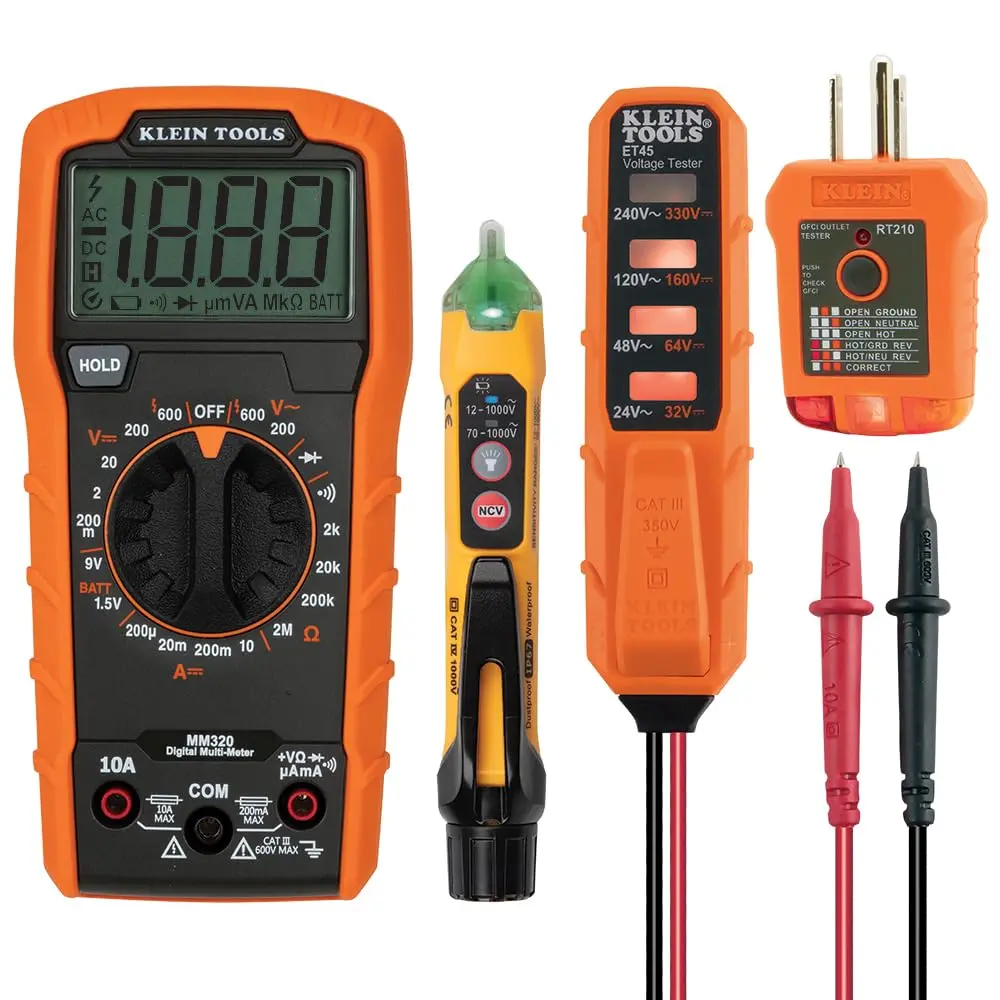 Klein Tools MM320KIT Digital Multimeter Electrical Test Kit - Non-Contact Voltage Tester, GFCI Outlets Receptacle Tester, Carrying Case, Batteries