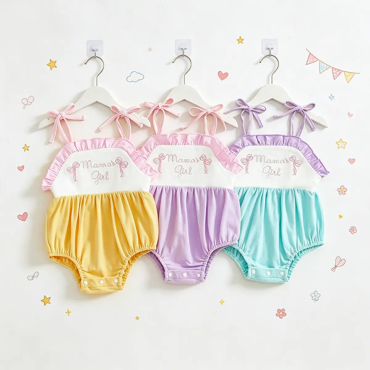 Baby Girl Summer Romper Sleeveless Tie Strap Bow Letter Embroidery Bodysuit Newborn Playsuit