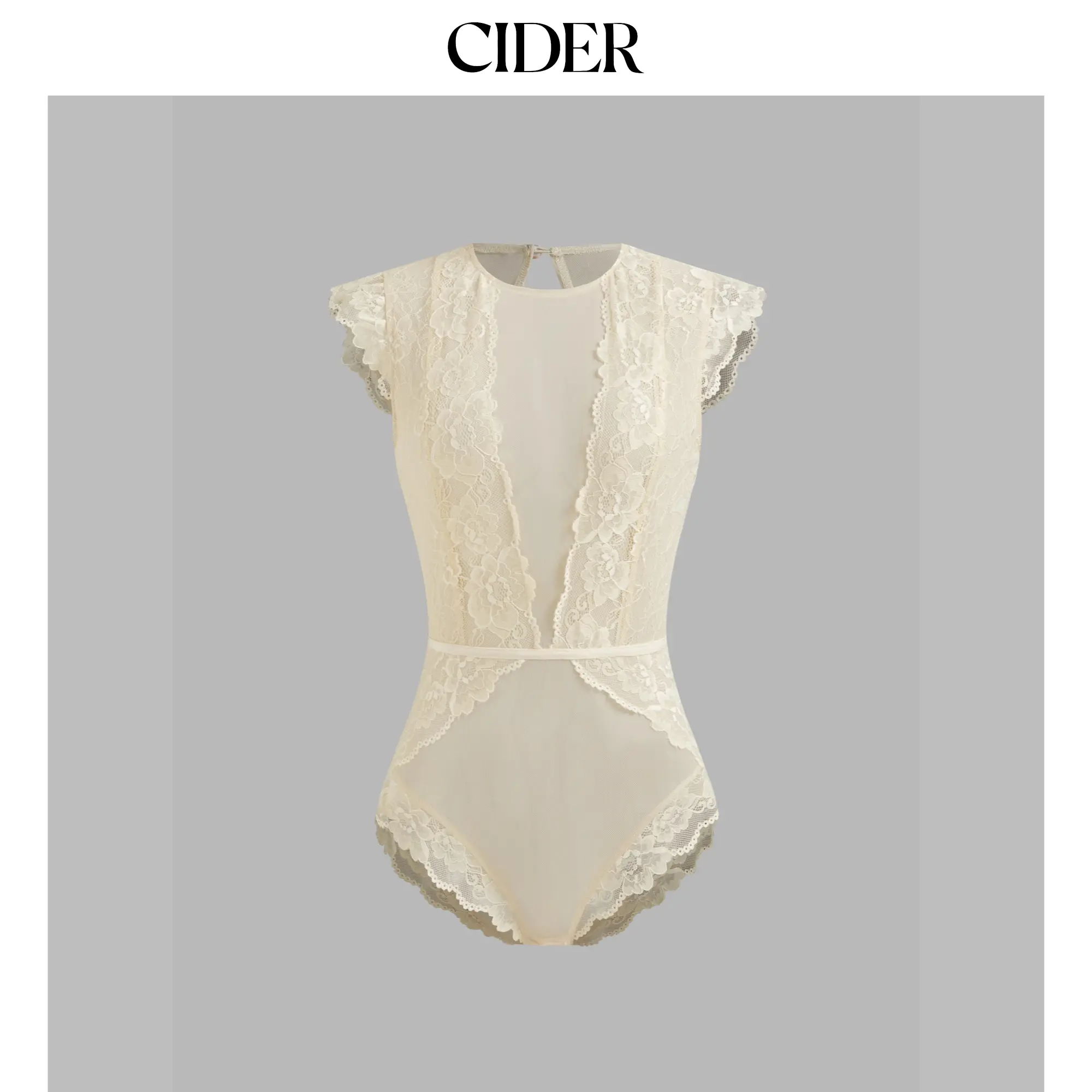 Cider [size 2-10] Lace Round Neckline Solid Cut Out See-through Bodysuit