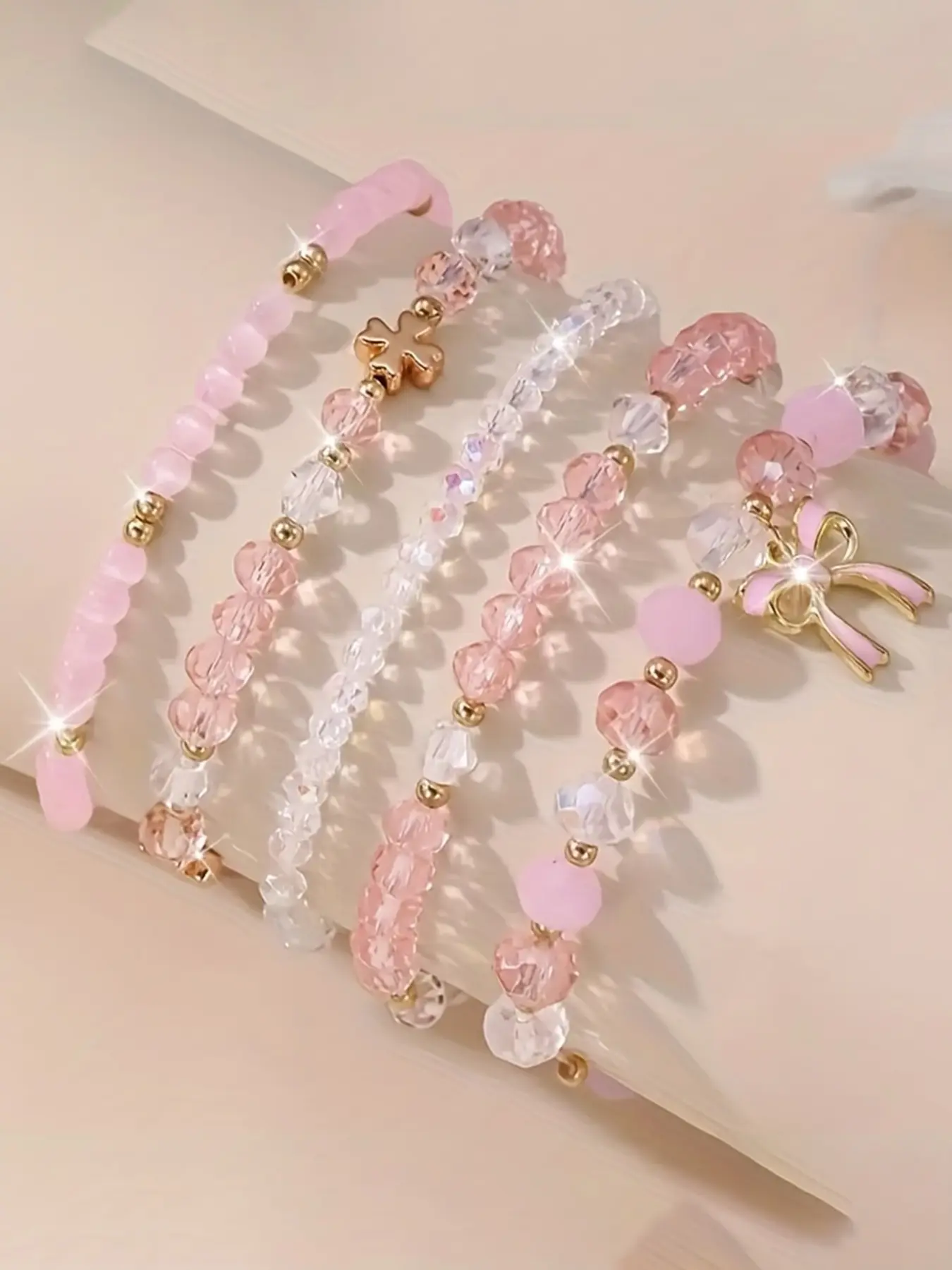 5 Piece Glass Painting Pendant Layered Bracelet Set, Simple Bow Clover Stack, Women's Casual Jewelry, Daily Wear, Holiday Gift, Stackable Minimalist Jewelry