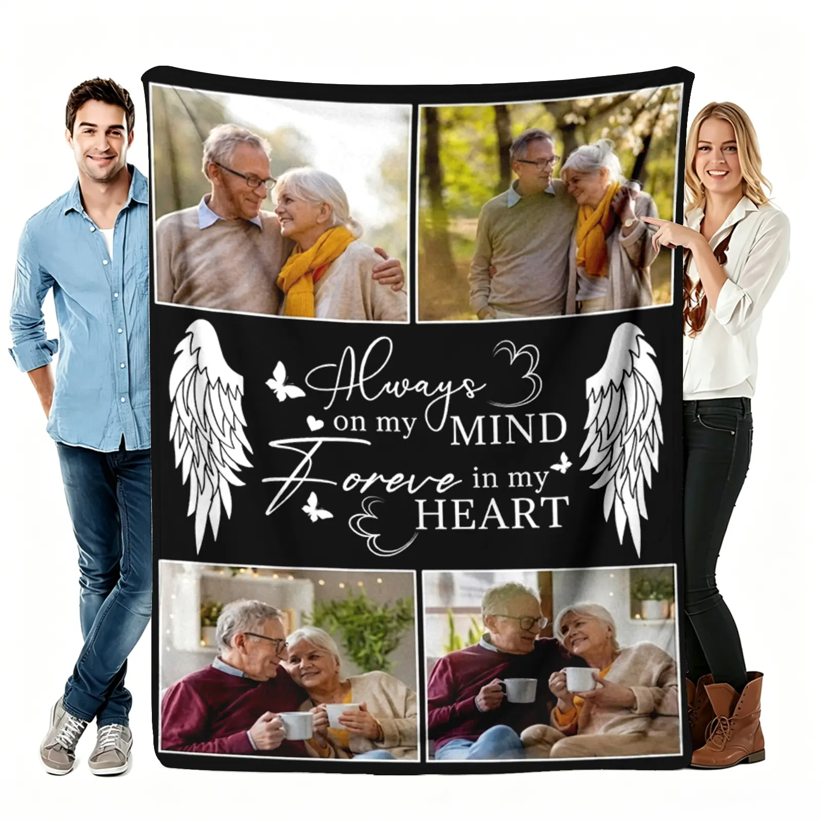 Always On My Mind Forever In My Heart Custom Photo Throw Blanket, Memorial Angel Wings Flannel Blanket, Soft Cozy Warm Throw, 4 Picture Keepsake Design, Personalized Memory Gift, Remembrance Sympathy Couch Bedroom Decor ﻿ holiday