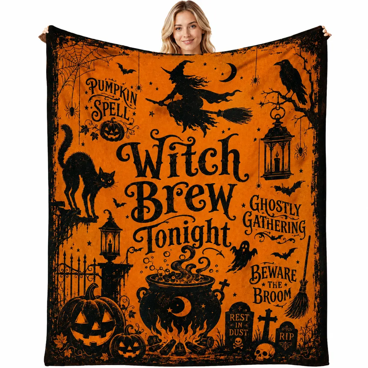 Halloween Blanket 60''x80'' Witch Brew Tonight , Vintage Witch Black Cat Pumpkin and Cauldron Throw Blanket, Spooky Season Gifts for Family and Friends, Super Soft Flannel Blanket for Bed Couch Sofa