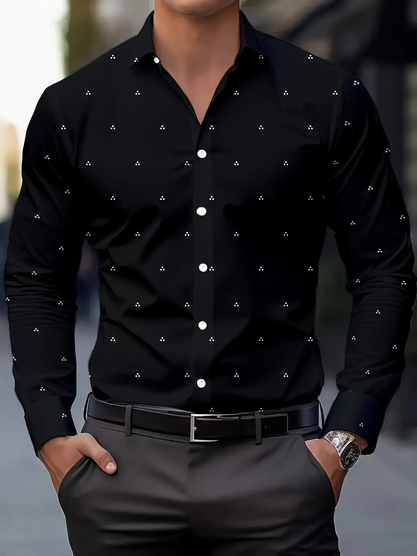 Men's Long Sleeve Shirt, Slim Fit Graphic Business Formal Dress Shirt, Casual Commute Men's Top, Spring & Fall Loose-Fitting Unlined, Trendy Casual Shirt