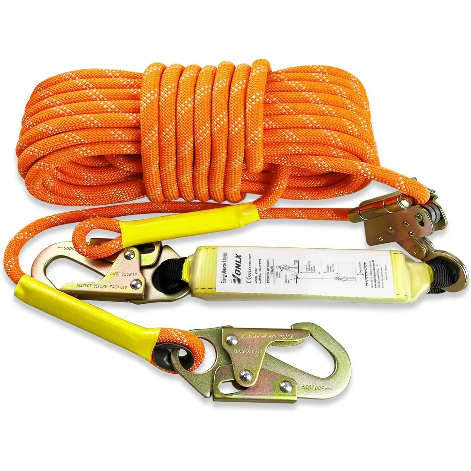 50FT Industrial Polyester Fall Protection Safety Rope Kit - Adjustable, Self-Locking Grab Snap, Shock Absorber for Vertical Roof Work, Tree Climbing, Shock Absorbs