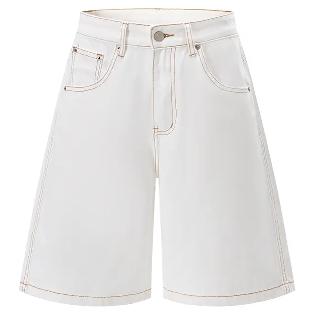 American Vintage Solid Tone Contrast Stitch Multi Pocket Denim Bermuda Shorts, Men Summer High Waist Straight Tailoring Knee Length Trendy Casual Work Shorts For Daily Commute # jean shorts men # men's shorts summer