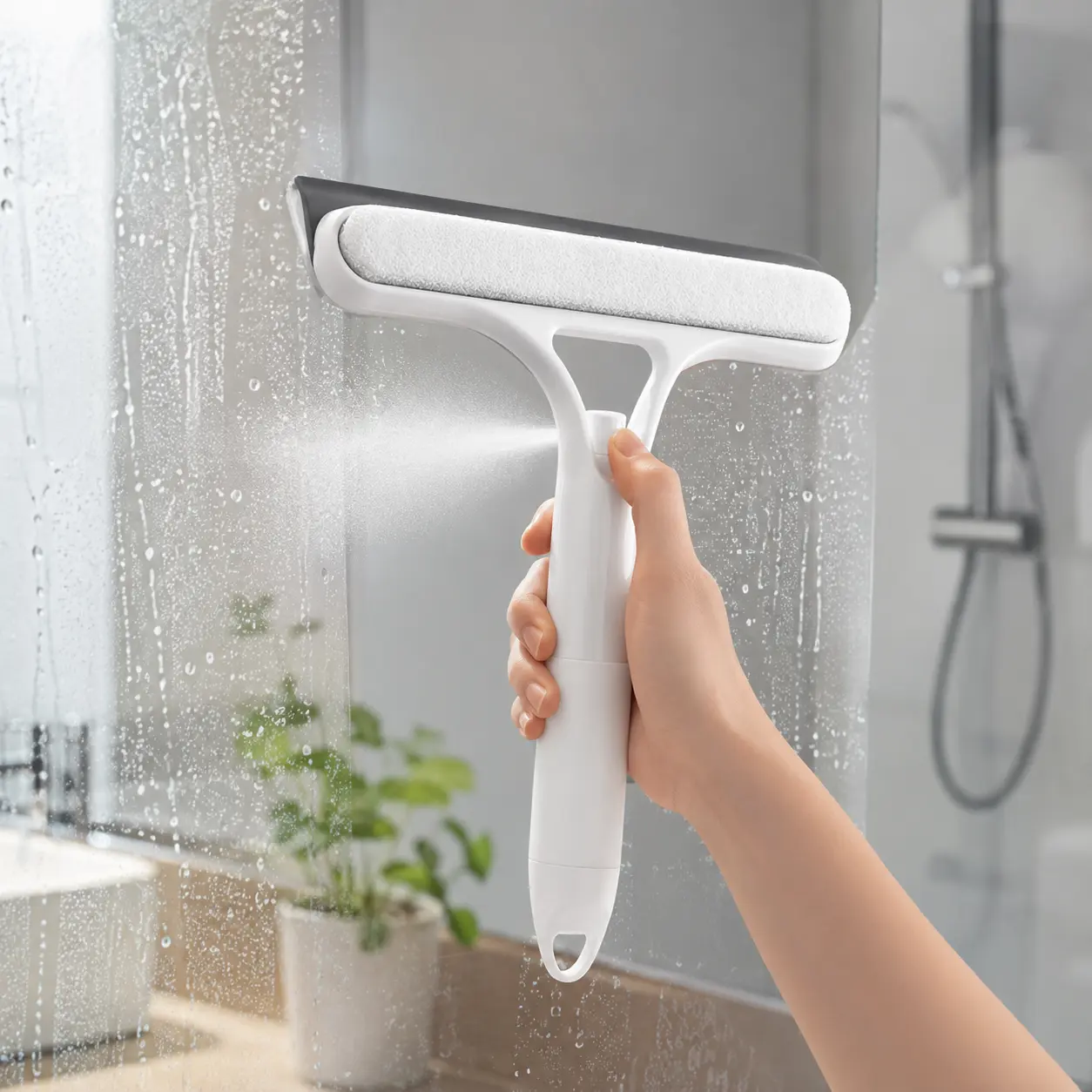 3-in-1 Plastic Handheld Spray Window Squeegee Cleaner - Comfortable Ergonomic Blue-White Handle, Spray+Scrape+Wipe Tool with Scraper & Microfiber Cloth for Home Users' Bathroom, Car Glass, Mirrors (All Purpose Squeegees)