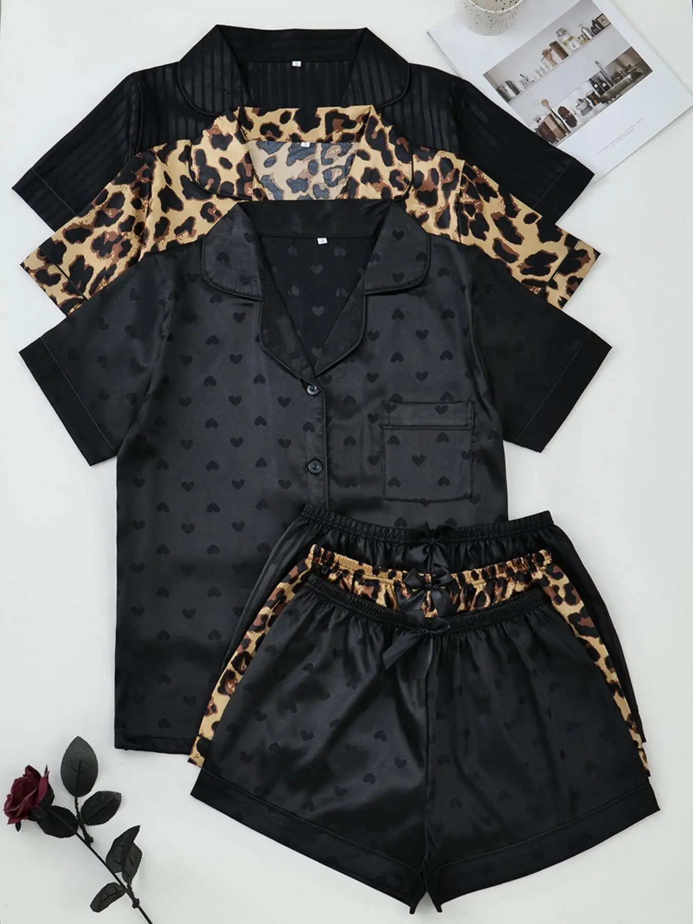 Fashion Six-Piece Women's Satin Pajama Set, Comfortable Summer Sleepwear Loungewear, Button Top and Bow Front Shorts, Casual Fitted Style