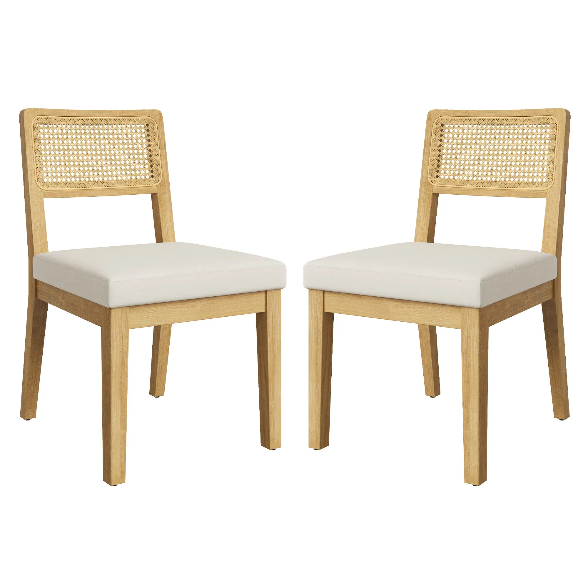 2-Piece Armless Rattan Dining Chairs, Black with Linen Seats, Sturdy Wood Frame, Breathable Back for Kitchen & Dining Room