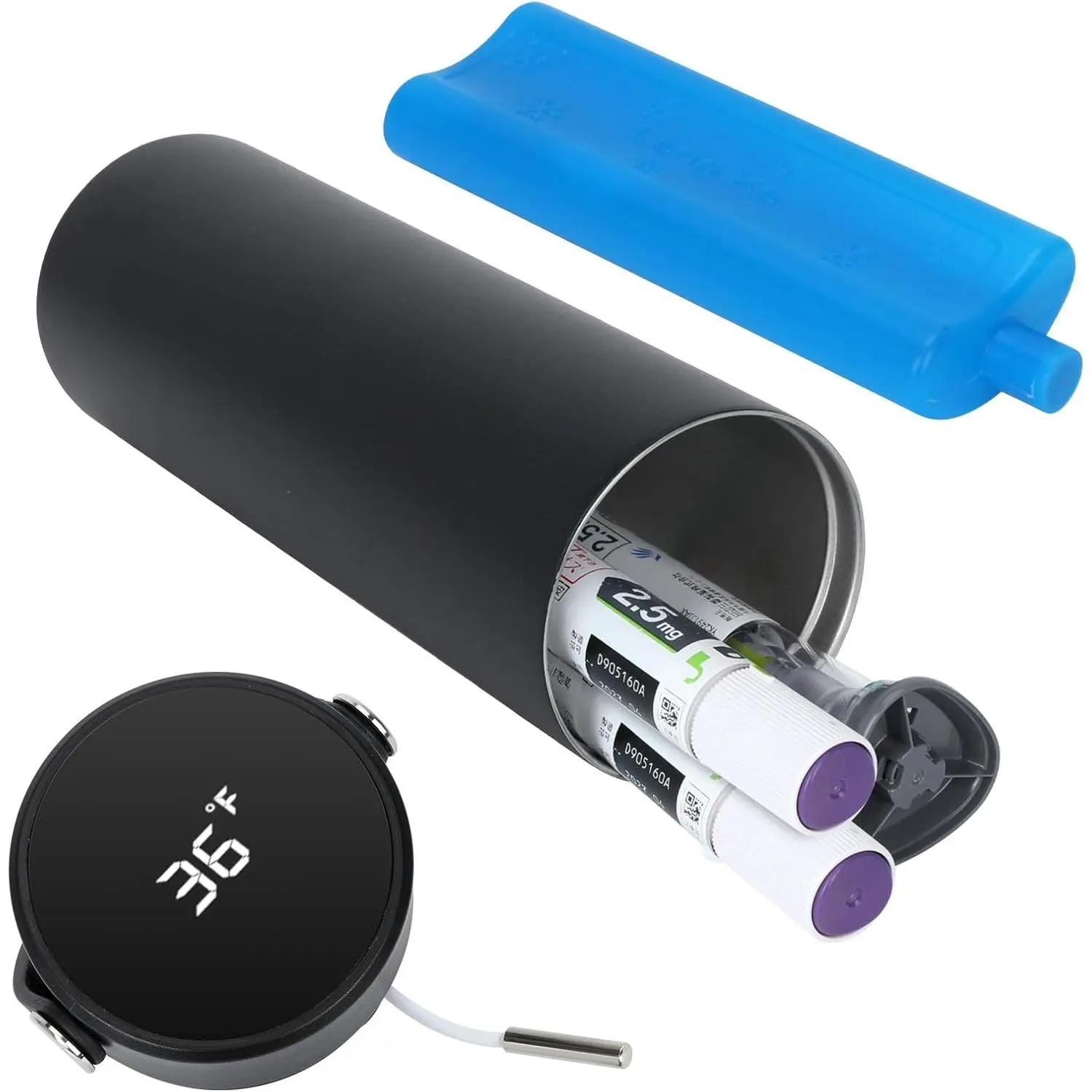 Stainless Steel Insulin Travel Case for Zepbound Pens, GLP-1 Peptide Case with Temp Display, 48H Temperature Control, TSA-Approved Medicine Organizer with Ice Brick for Ozempic, Wegovy, Mounjaro, Vials, Black, Tsa Approved Items