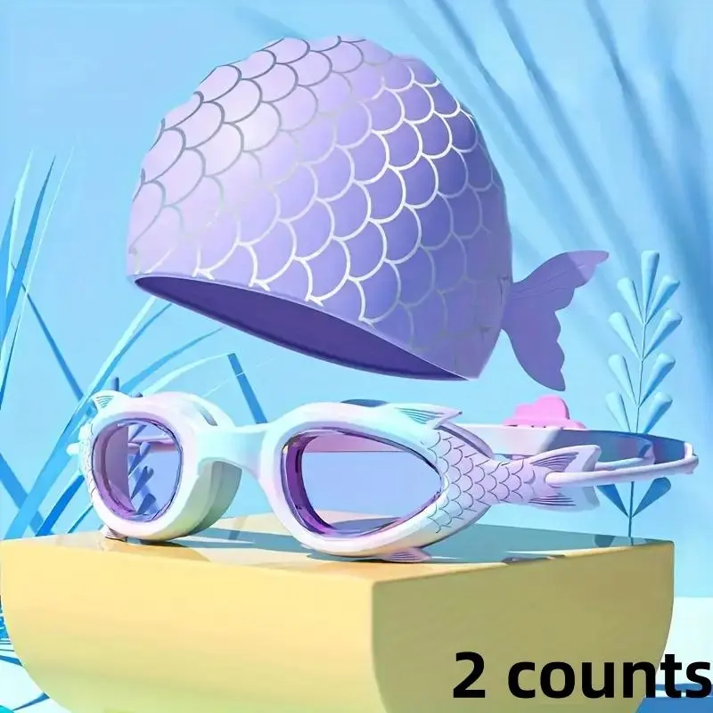 Mermaid Themed Swimming Goggles & Silicone Cap Set, 2 Counts/set Adjustable Strap & Leakproof & Anti-Fog Swimming Gear, Professional Water Sports Gear, Pool Goggles