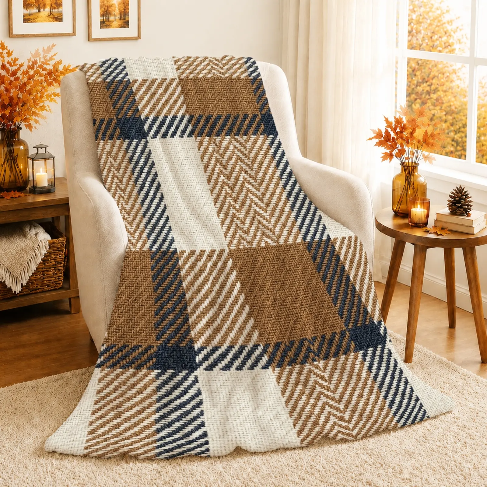 1pc Houndstooth Plaid Blanket, Decorative Sofa Blanket, Cozy Rustic Farmhouse Style, Classic Checkered Design with Earthy Tones, for Sofa Living Room Bedroom and Fall Home Decor, Checkerboard Pattern Blanket