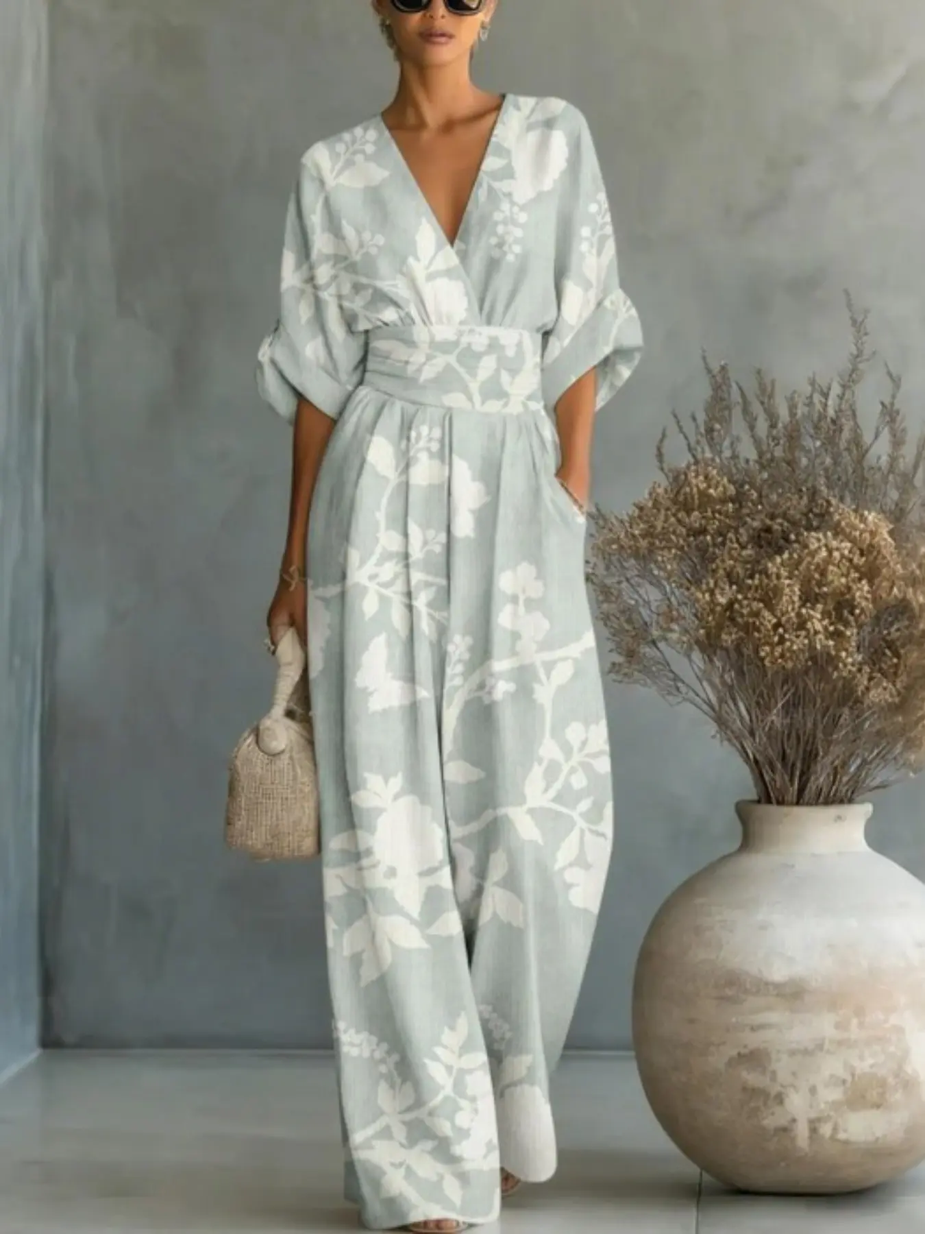 Elegant Waist-Cinching V-Neck Cute Jumpsuit for Women, 2026 Spring Summer Fashion, Floral Printed Design, Casual, Stylish and Comfortable