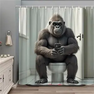 1pc Humorous Gorilla Sitting on Toilet with Smartphone Digital Print Polyester Shower Curtain, High-Quality No-Hole Punching Bathroom Decor Partition, Showercurtain
