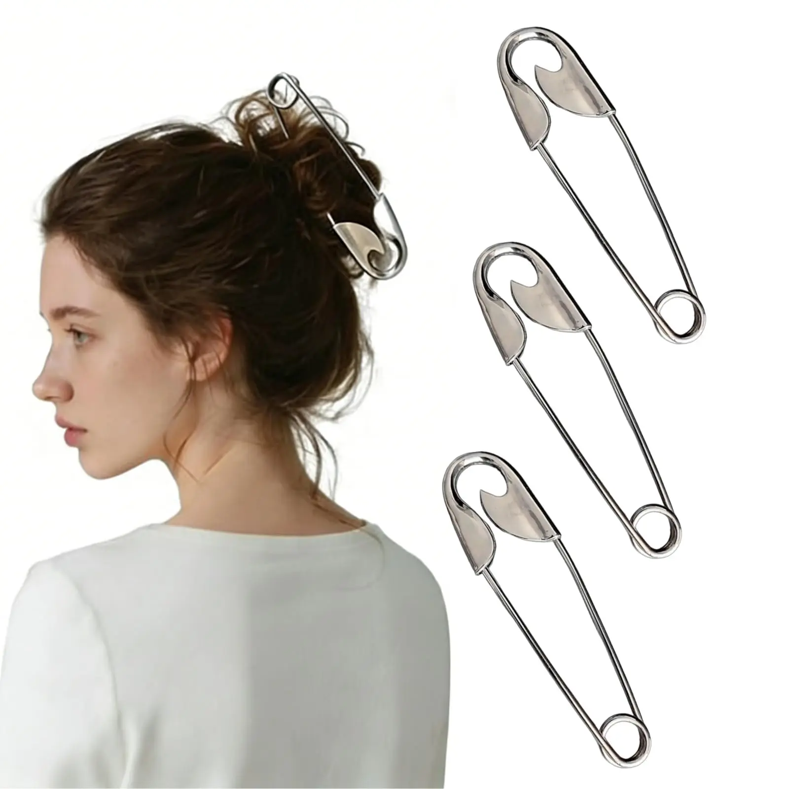 3Pcs Punk Safety Pin Metal Hair Claw Clips Large Silver Non-Slip Shark Hair Clamp Unique Needle Design Ponytail Hairpin Fashion Hair Styling Accessories