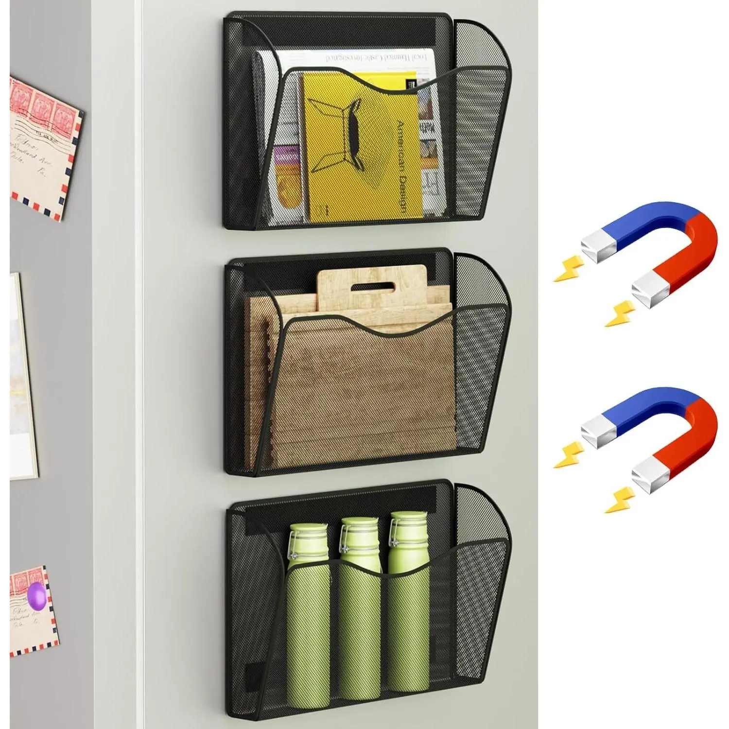 Magnetic File Holder - Heavy-Duty Wall Organizer with Strong Magnet, No-Drilling Mail/Magazine/Document Storage Basket for Refrigerator, Whiteboard, Office Cabinet