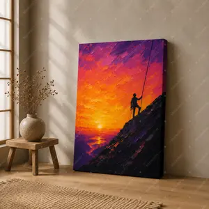 Mountain Climber Sunset Canvas Wall Art, Inspirational Adventure Poster, Orange Purple Landscape Decor for Bedroom Living Room Office Study Room, Available as Unframed Canvas Poster or Framed Canvas Wrap