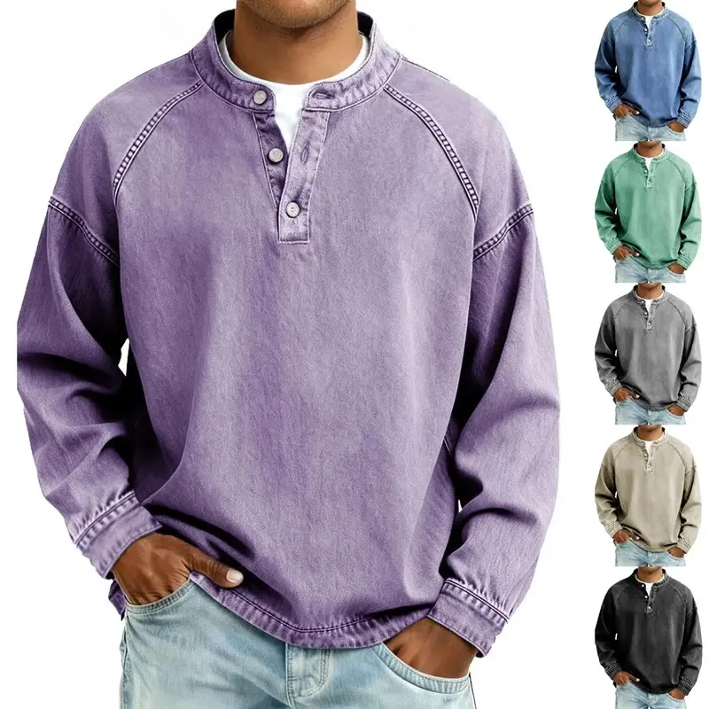 Men's Loose Fit Henley Collar Long Sleeve Pullover - Plain Vintage Distressed Wash Menswear Top, Polyester Fabric Autumn Winter Casual Sports Outerwear, Henley Neck