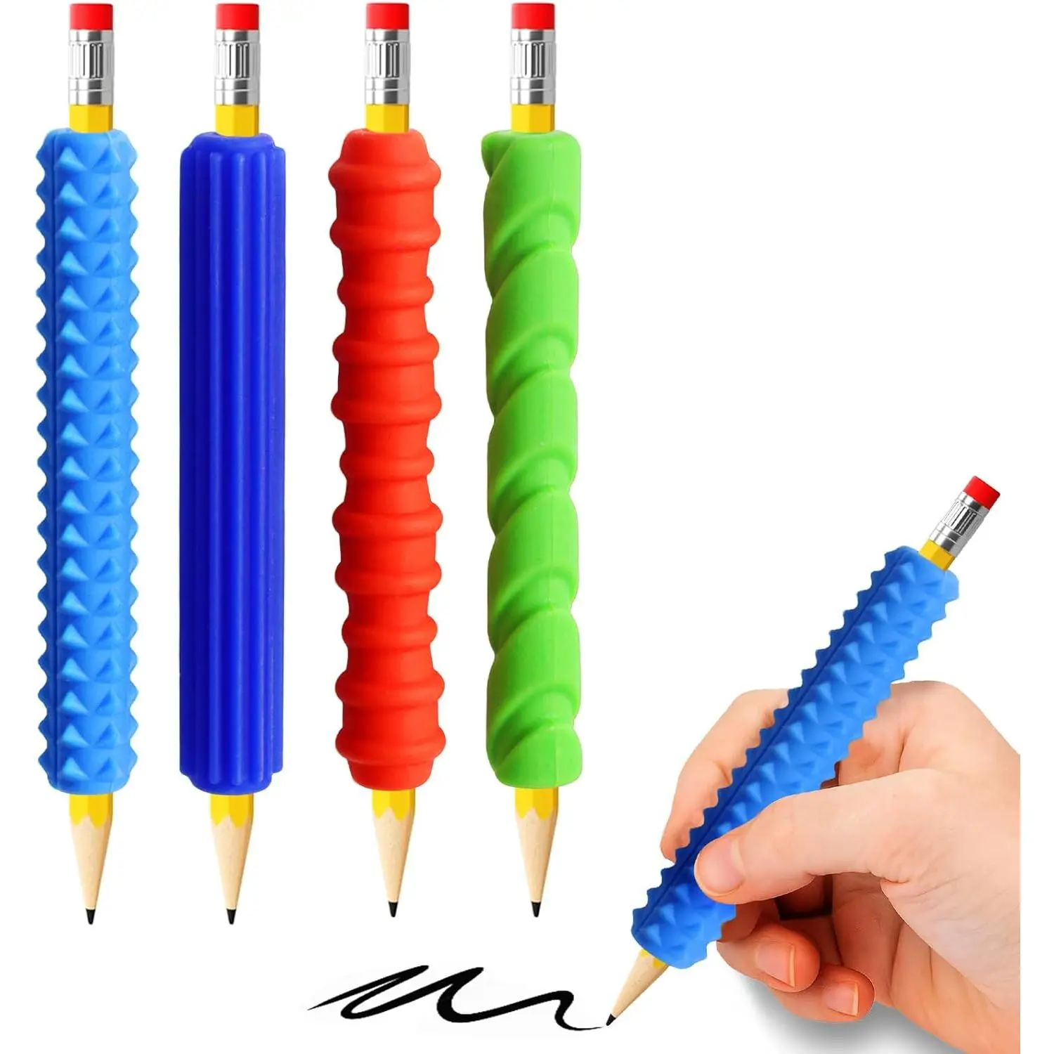 Textured Silicone Pencil Grips - 4-Pieces Sensory Fidget Aid for Kids & Adults, Quiet Mechanical Pencil Sleeves for Anxiety Relief, Classroom Focus Tool (Colorful), Textured Grip
